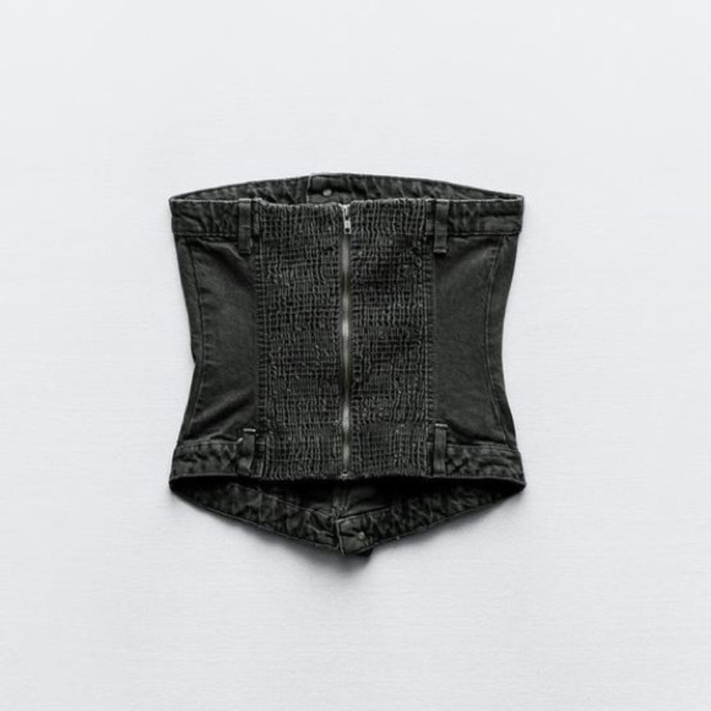 Zara Black Denim Strapless Corset Top with Silver Buttons Size Medium NWT - Picture 6 of 9